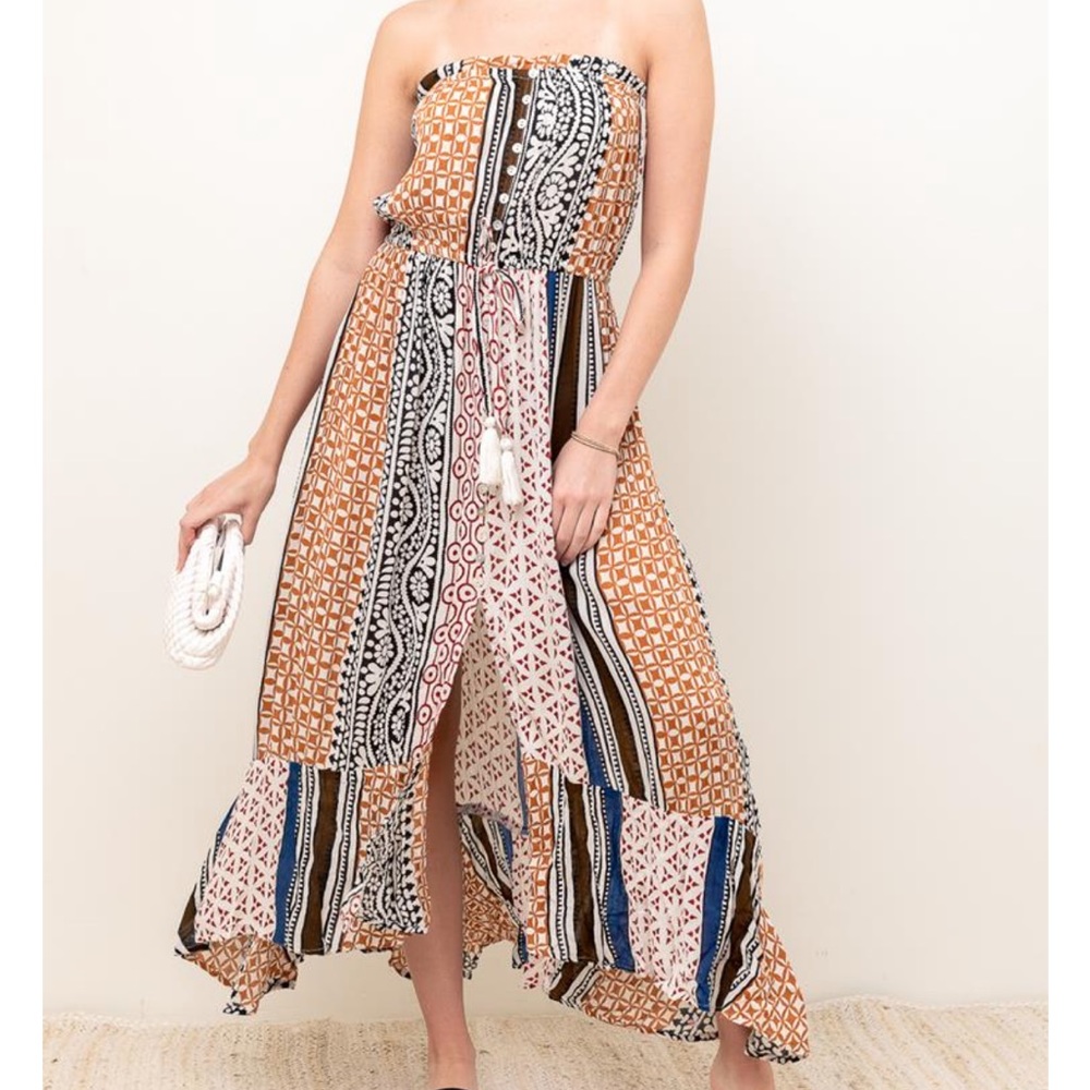 Strapless button up maxi dress with elastic tassel tie waist from Juniper Blu
